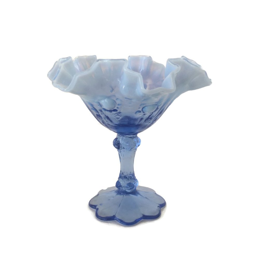Fenton  Candy Dish Blue Opal Ruffled Silver Crest